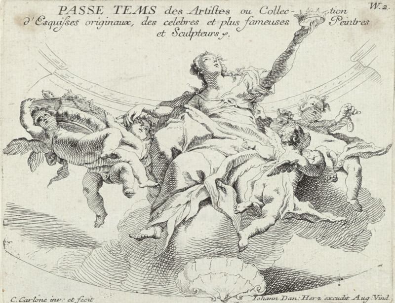 Nobility, Passe tems des artistes, ou collection d'esquisses originaux des celebres et plus fameuses peintres et sculpteurs, print, Fragment of a ceiling painting (possibly a dome decoration) with the personification of Nobility with a crown in her hand on a cloud. She is surrounded by angels, two of whom wear large crowns. Numbered top right: W. 2., printmaker: Carlo Innocenzo Carlone, Italy, after design by Carlo Innocenzo Carlone, publisher: Johann Daniel Herz (I), Augsburg, 1696 - 1775, Carlo Innocenzo Carlone, Johann Daniel Herz (I), printmaker, publisher, Bavaria, paper, etching, height 141 mm x width 178 mm, angels, 'Nobiltà' (Ripa), A detailed black and white line drawing shows a robed central female figure reclining on stylized clouds, her head tilted upward and one arm raised while the other rests near a small cherubic child at her side. Several putti with rounded bodies and curly hair surround her, some holding decorative objects and one leaning against a large ornamental wr...