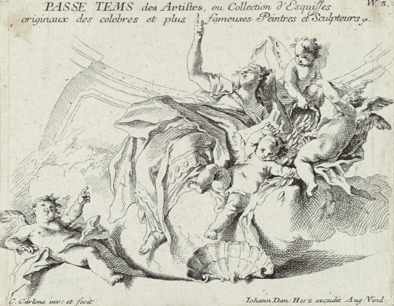Rijkdom, Passe tems des artistes, ou collection d'esquisses originaux des celebres et plus fameuses peintres et sculpteurs, print, Fragment of a ceiling painting (possibly a dome decoration) with the personification of wealth on a cloud, surrounded by angels with a basket of coins. Numbered top right: W. 3., printmaker: Carlo Innocenzo Carlone, Italy, after design by Carlo Innocenzo Carlone, publisher: Johann Daniel Herz (I), Augsburg, 1696 - 1775, Carlo Innocenzo Carlone, Johann Daniel Herz (I), printmaker, publisher, Bavaria, paper, etching, height 139 mm x width 180 mm, angels, Wealth, Opulence, 'Opulenza', 'Richezza' (Ripa), A detailed ink drawing of figures and drapery. A central reclining female figure with flowing garments raises one arm upward while fabric billows around her. Several putti with small wings surround her, one leaning over her shoulder, another holding a garland, and others clustered near her legs and feet. Curled shells and cloud-like forms appear beneath and aro...