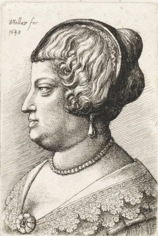 Portrait of a woman with a headband, print, printmaker: Wenceslaus Hollar, Antwerp, 1648, paper, etching, height 76 mm x width 51 mm, anonymous historical person portrayed alone - BB - woman, A detailed black and white engraved profile of a woman facing left, showing her head and upper torso. She has short, curled hair held back by a rounded headpiece and a bun at the back, with a single teardrop-shaped earring hanging from her ear. Her face features a straight nose, closed lips, and a calm expression. She wears a beaded necklace and a richly patterned garment with floral motifs and an ornate brooch at the shoulder. The background is textured with fine parallel lines.