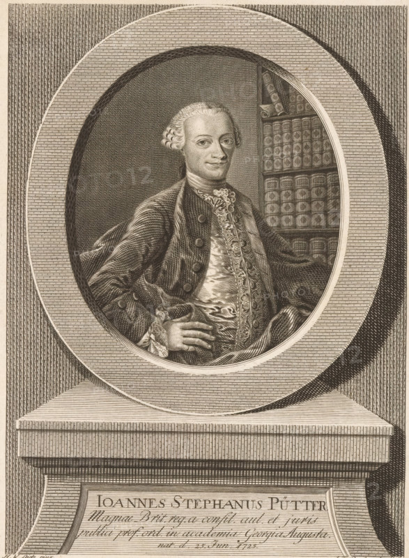 Portrait of Johann Stephan Pütter, print, printmaker: Johann Friedrich Bause, Halle an der Saale, after painting by H. Wilhelm Dietz, 1763, Saxony-Anhalt, paper, engraving, etching, height 230 mm x width 173 mm, Person, Johann Stephan Pütter, historical persons, bookshelves, An engraved portrait of a man set inside an oval frame, showing his head and upper torso, with powdered hair styled in curls and a composed facial expression; he wears an ornate jacket with decorative buttons and an embroidered waistcoat, a lace cravat at his neck, and one hand resting on his hip while the other drapes fabric; behind him a bookshelf with rows of uniformly bound books is visible, and the entire oval portrait sits within a larger rectangular architectural surround that includes a plinth below.