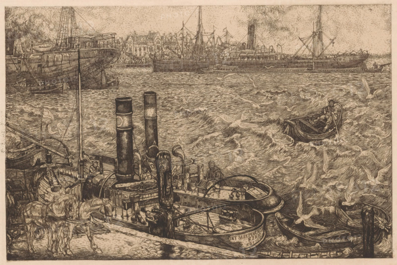 Harbour with tugboats in Rotterdam, print, On the right in the foreground two tugboats moored at a quay. On the quay a team of horses. In the background two cargo ships and a rowboat. Between the cargo ships a quay with houses. Seagulls are flying in the air., printmaker: Pieter Dupont, Rotterdam, 1898, paper, zinc etching, intaglio printmaking technique, height 138 mm x width 198 mm, harbour, A detailed ink drawing of a busy waterfront with a foreground full of small boats and dockside machinery, including smokestacks and winches, and a team of horses harnessed at the quay. The water is choppy with visible waves and many seagulls flying and floating above the surface. In the middle distance a lone rowboat with a seated figure is being rowed across the water while larger steamships and sailing vessels are moored further back, their hulls and masts visible against a skyline of densely packed buildings with varied rooflines. The scene is rendered in fine crosshatching and linework, creat...