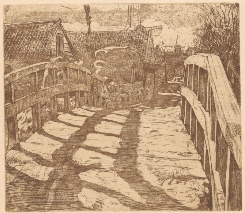 Bridge in the Baarsjes in Amsterdam, print, A wooden bridge whose railing casts a shadow on the bridge deck. In the background houses and two windmills., printmaker: Pieter Dupont (signed by artist), Amsterdam, 1895, paper, zinc etching, intaglio printmaking technique, zinc etching and plate tone in brown, height 160 mm x width 183 mm, city-view, and landscape with man-made constructions, bridge, Baarsjes, A sepia-toned etching of a narrow wooden walkway flanked by curved railings and fences, with irregular planks and shadowed gaps underfoot. On the left a slatted fence runs alongside a steep roofed structure with visible shingles and a small doorway; on the right another curved railing leads toward bundled objects covered by draped cloth. In the midground there are stacked wooden barrels or crates and a tall post with a knotted top, while behind them the rooftops of additional buildings slope upward beneath a textured sky. Leafless, densely branched trees rise on the far right, and th...