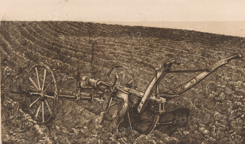 Plow in a field, print, printmaker: Pieter Dupont, France, c. 1900, paper, etching, intaglio printmaking technique, height 143 mm x width 228 mm, agricultural implements: plow, A detailed monochrome drawing shows a field of furrowed soil stretching to the horizon, with closely spaced ridges and furrows rendered in fine hatched lines; in the foreground there is a wooden agricultural implement with large spoked wheels, curved handles, metal fittings, a boxlike component, and various beams and braces, all drawn with textured wood grain and metal details, sitting atop and partly embedded in the ridged earth beneath a pale, almost empty sky.