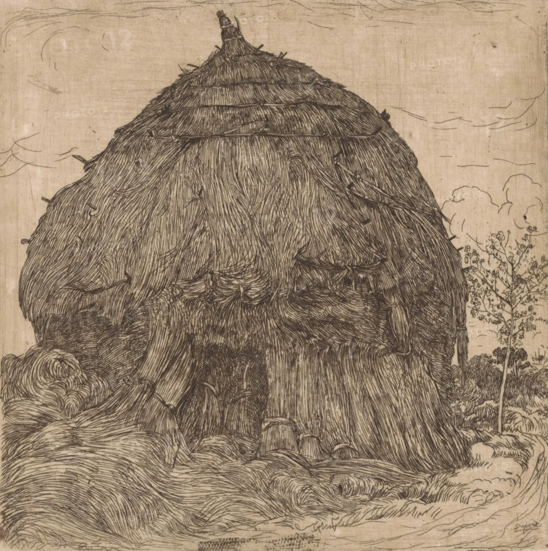 Hooipper, print, printmaker: Pieter Dupont, North Holland, c. 1894 - c. 1895, paper, zinkets, intaglio printmaking technique, height 155 mm x width 155 mm, hay-stack, A large, rounded structure made of closely packed, straw-like lines fills the center of the image, with layered bands and tied bindings across its slope and a small pointed top; thin sticks and knots protrude at various points in the straw texture. The background shows a pale, textured sky with faint, wispy cloud outlines. To the right of the straw structure, a tall slender tree with clustered foliage and intricate branch details stands beside other smaller vegetation. The foreground contains flowing, curving lines suggesting grasses or furrows, with darker shaded areas and subtle contour lines creating depth at the base of the main structure. The image is rendered in fine, dark linework on a beige, slightly mottled surface.