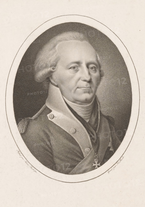 Portrait of an unknown soldier, print, printmaker: Johann Carl Bock, Nuremberg, after drawing by Johann Georg Heinrich Backofen, 1767 - 1843, Bavaria, paper, etching, stippelwerk, height 316 mm x width 234 mm, knighthood order, (military) uniforms, anonymous historical person depicted alone, An oval-framed, sepia-toned portrait of an older man shown from the chest up, with powdered hair styled back and side rolls, a high stiff collar, and layered garments including a sash and coat with decorative buttons and an insignia pendant; his expression is neutral, his eyes looking slightly off center, and the background within the oval is stippled while the outer area is plain.
