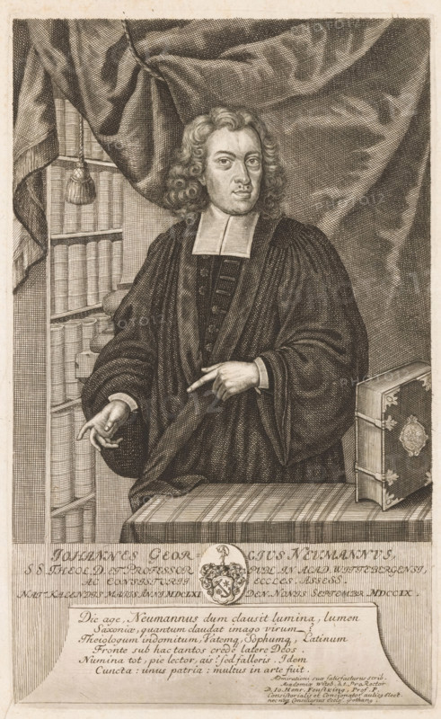 Portrait of Johann Georg Neumann, print, printmaker: Moritz Bodenehr, Dresden, writer (clerical worker): Johann Heinrich Feustking, Wittenberg, 1709 - 1748, writer (clerical worker), Saxony-Anhalt, Saxony, paper, engraving, intaglio printmaking technique, engraving with plate tone, proof print, height 289 mm x width 178 mm, Person, Johann Georg Neumann, historical persons, armorial bearing, heraldry, book, bookshelves, A seated man with wavy shoulder-length hair wears a dark robe with a white rectangular collar and a buttoned garment beneath, his facial expression neutral and his gaze forward; one hand rests on his robe near his torso while the other hand points outward above a table covered with a striped cloth, beside which a large ornate closed book with decorative corner fittings stands upright; behind him a tall draped curtain hangs and to the left a bookshelf filled with uniformly bound volumes is visible, with a tassel hanging near the top of the shelf.