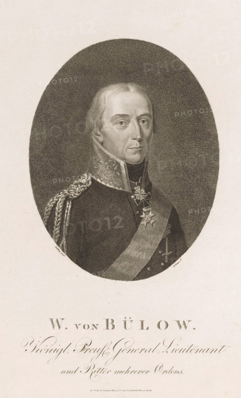 Portrait of Friedrich Wilhelm Bülow, print, printmaker: Friedrich Wilhelm Bollinger, Berlin, after painting by Heinrich Anton Dähling, publisher: Weiss & Co., Baptista and Gaspare, 1814 - 1825, paper, stippelwerk, height 270 mm x width 206 mm, Person, Friedrich Wilhelm Graf Bülow von Dennewitz, historical persons, knighthood order, (military) uniforms, An oval-framed black and white engraved portrait of a man shown from the chest up wearing a dark military uniform with an ornate high collar and braided shoulder decoration, a sash across his chest, and multiple star-shaped medals pinned to his chest; he has a solemn expression, light-colored hair combed back, and is set against a densely stippled dark background within a lighter rectangular sheet that shows decorative script text below the portrait.