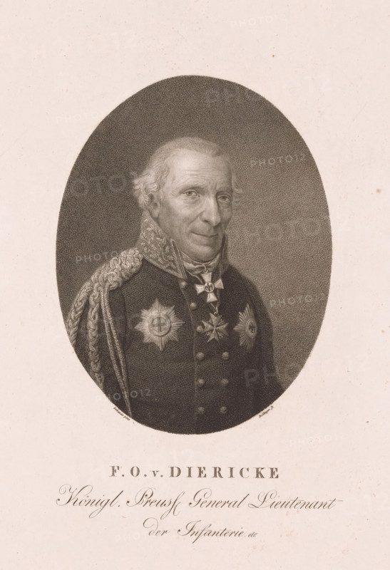 Portrait of Christoph Friedrich Otto von Diericke, print, printmaker: Friedrich Wilhelm Bollinger, Berlin, after painting by Paul Ernst Gebauer, publisher: Baptista Weiss, 1808 - 1825, paper, stippelwerk, height 273 mm x width 207 mm, Person, Christoph Friedrich Otto von Diericke, historical persons, (military) uniforms, knighthood order (with NAME) - insignia of a knighthood order, eg: badge, chain (with NAME of order), An oval sepia-toned engraved portrait of an older man shown from the chest up wearing a dark military coat with ornate braided shoulder epaulette and decorative collar, his face detailed with fine lines and thinning hair, his expression neutral, and several star-shaped medals pinned to his chest.