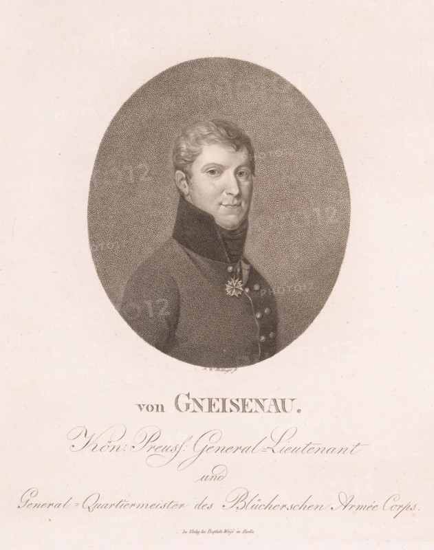 Portrait of August Wilhelm Antonius Neidhardt von Gneisenau, print, printmaker: Friedrich Wilhelm Bollinger, publisher: Baptista Weiss, Berlin, 1813 - 1825, paper, stippelwerk, height 248 mm x width 182 mm, Person, August Wilhelm Antonius Neidhardt Graf von Gneisenau, historical persons, knighthood order, (military) uniforms, A sepia-toned oval portrait of a man shown from the chest up, wearing a dark high-collared military coat with decorative buttons and a star-shaped medal on his chest, his hair short and wavy, his face turned slightly toward the viewer with a neutral expression, set against a textured oval background on a pale page with ornamental script below.