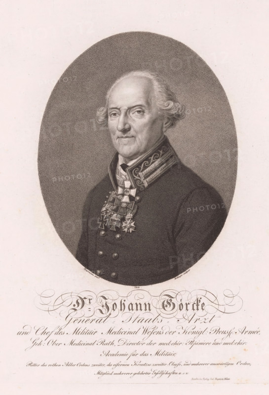 Portrait of Johann Goercke, print, printmaker: Friedrich Wilhelm Bollinger, Weimar, after painting by Christian Tangermann, publisher: Baptista Weiss, Berlin, 1819, Thuringia, paper, stipple engraving, height 280 mm x width 225 mm, Person, Johann Goercke, historical persons, knighthood order, (military) uniforms, An oval portrait of an older man shown from the chest up, with a receding hairline and short wavy hair at the sides, wearing a dark military-style coat with a high, decorated collar and several detailed medals and crosses on his chest, his expression neutral and eyes looking slightly toward the viewer, rendered in fine stippled shading against a textured oval background set on a light rectangular sheet.