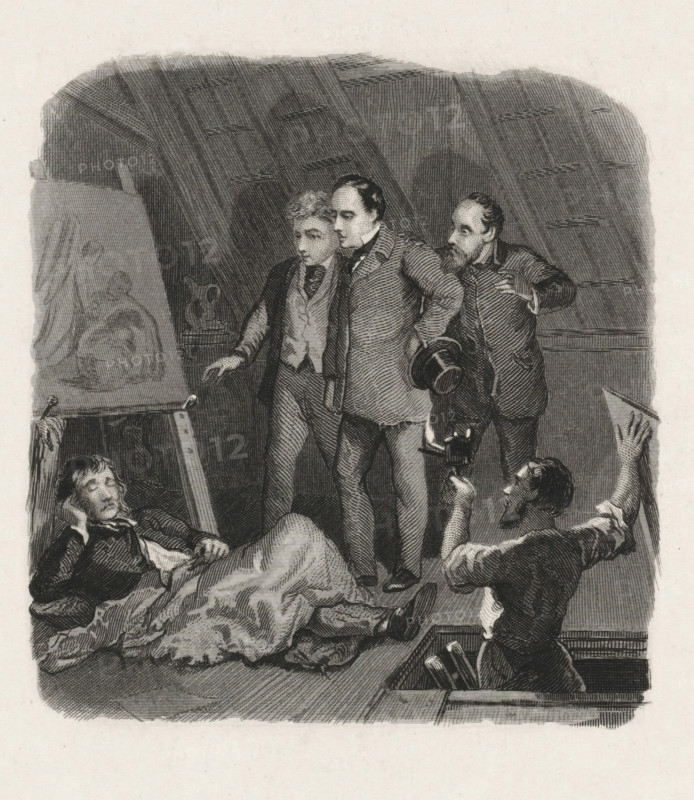 Sleeping painter caught, print, In an attic room, three men look down on a painter lying on the ground sleeping against his easel with a blanket over him. From a ladder, a fourth man watches with a lamp while holding the attic hatch open with one hand., printmaker: Dirk Jurriaan Sluyter (signed by artist), Amsterdam, 1826 - 1886, paper, etching, engraving, stippelets, engraving and stippelets, height 177 mm, width 114 mm, sleeping on the ground, easel, painter in non-work situation, An engraved scene shows an attic-like interior with a curved, ribbed ceiling. Three standing men occupy the center; two face forward with one holding a hat and the other with an arm around his companion, both wearing coats and cravats, while a bearded man behind them gestures with one hand toward the group. In the foreground a man reclines on a blanket with his head propped on one hand and eyes closed or lowered. Another man kneels near a hatch, holding a small object up toward the standing men and looking ...