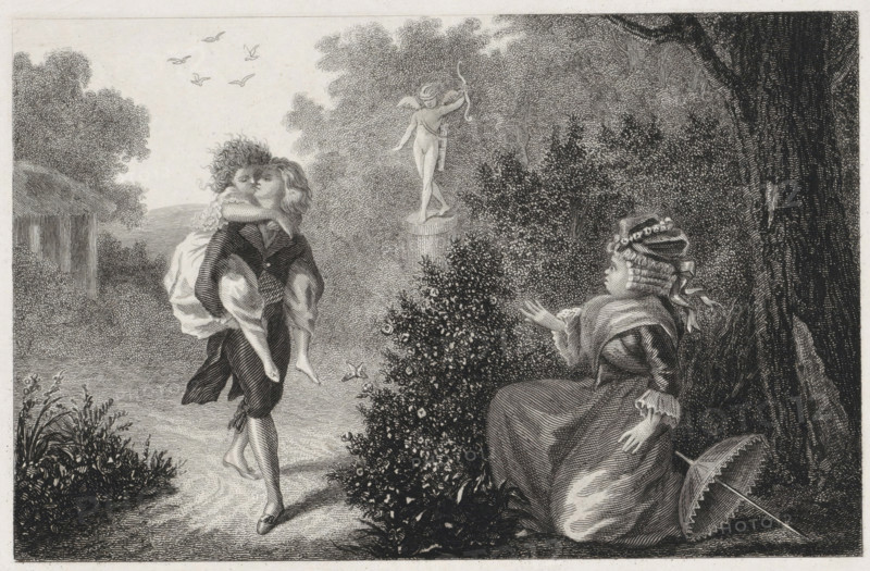 Old lady looks at a kissing couple, print, An older woman kneeling behind a bush looks shocked at a young couple kissing. The young man carries his beloved on his back. In the background, a statue of a blindfolded Cupid., printmaker: Dirk Jurriaan Sluyter (signed by artist), Amsterdam, 1826 - 1886, paper, etching, engraving, height 188 mm x width 237 mm, embracing each other, kissing, statues, sculptures in garden, parasol, sunshade, A black and white engraving shows an outdoor scene with dense foliage and trees framing a pathway. A young man carries a young woman over his shoulder, her arms draped around his neck and her dress falling. Both wear historical clothing; the man has breeches and a coat and the woman has a flowing dress with ruffled sleeves. Another woman sits on the right on the ground or a low seat beside a bush, wearing a large bonnet decorated with ribbons and a dress with voluminous skirts, one hand extended toward the couple. A small statue of a lightly draped figure ...