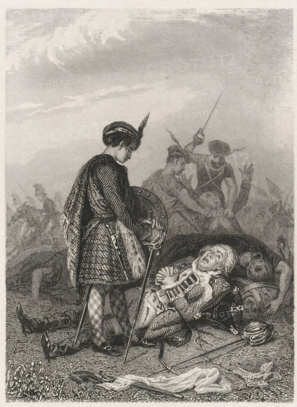 Soldier begs for his life, print, book illustration, A soldier lying on the ground begs for his life with folded hands from a young man in the uniform of the Scottish Guard. In the background, a battlefield where two other Scots are about to kill an opponent. In the foreground, weapons lie on the ground., printmaker: Dirk Jurriaan Sluyter (signed by artist), Amsterdam, 1826 - 1886, 1855, paper, etching, engraving, height 139 mm x width 110 mm, Print likely from: Walter Scott. Quentin Durward. Two volumes. Revised edition by SJ van den Bergh. Haarlem: AC Kruseman, 1855., duel in place of battle, Europeans (with NAME), A tall figure in patterned clothing and a feathered cap stands with a bowed head, holding a round shield and a long staff, while a reclining figure in ornate garments lies on the ground with a pained expression and clasped hands, surrounded by scattered items including a helmet and a sword; in the background two active figures engage with raised weapons and other indistinc...