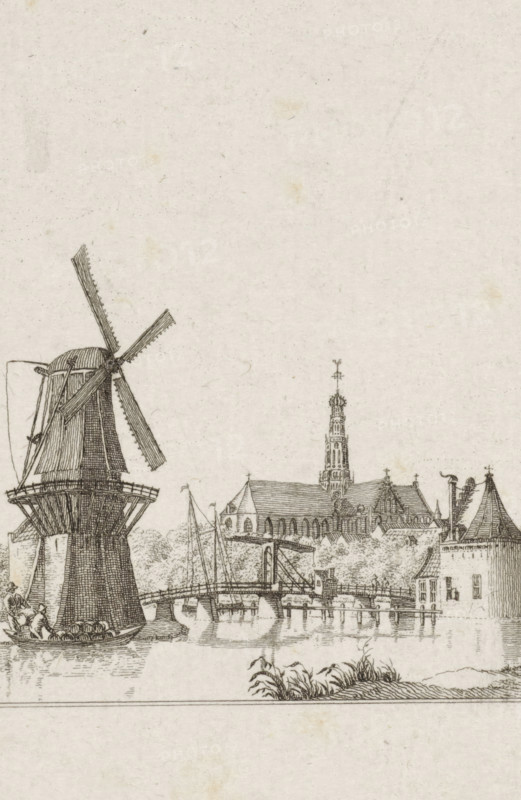 View of the Spaarne in Haarlem, Spaarne Haarlem, print, with figures on the left with barrels in a sloop near a windmill and in the background the Sint-Bavokerk., printmaker: Jacob Elias van Varelen (signed by artist), Haarlem, 1772 - 1840, paper, etching, height 128 mm x width 91 mm, windmill, landscape with bridge, viaduct or aqueduct (city(-scape) with figures, staffage), bascule bridge, Sint-Bavokerk (Haarlem), Spaarne (Haarlem), A detailed sepia ink scene shows a large windmill on the left with angled sails and a round base, a small boat with seated figures alongside the mill, a wooden bridge spanning a calm river with reflected arches, masts of sailboats near the bridge, a cluster of buildings and a church with a tall ornate tower rising behind tiled roofs, trees and shrubs along the riverbank, and grasses in the foreground.