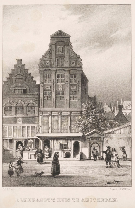 Rembrandt's House in Amsterdam, print, Possibly the Rembrandt House before the renovation in 1827, 1828. The building was located at the then Sint-Anthonisbreestraat 60, the current Jodenbreestraat in Amsterdam., printmaker: Carel Christiaan Antony Last, printer (person): Pieter Willem Marinus Trap, Leiden, c. 1836 - 1876, Carel Christiaan Antony Last, Pieter Willem Marinus Trap, printmaker, printer (person), paper, lithography, height 240 mm x width 160 mm, Person, Rembrandt van Rijn, urban housing, Amsterdam, Museum Het Rembrandthuis, A detailed black and white engraving shows a tall ornate building with decorative gables and multiple windows, flanked by shorter structures with arched windows and stepped gables; the street level features open shopfronts, doorways, and a small archway entrance next to a tree with dense foliage. In the foreground several people in period clothing are walking or standing, including women in long dresses, a man with a cane, a couple conversing, a child h...