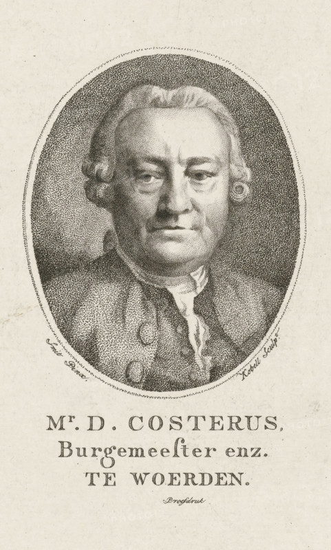 Portrait of Dominicus Costerus, Mr. D. Costerus Mayor etc. in Woerden, print, Portrait bust of Dominicus Costerus, sheriff and bailiff in Woerden and scribe., printmaker: Jan Kobell (I), after design by Smit, 1766 - 1833, paper, stipple engraving, etching, stipple engraving and etching, proof print, height 172 mm x width 152 mm, Person, Dominicus Costerus, An oval stippled portrait of a middle-aged man facing forward, showing a detailed facial expression with furrowed brow and neutral mouth, his hair styled back and curled at the sides, wearing a high-collared shirt and a coat with visible buttons and textured fabric, the portrait set against a stippled dark background within a dotted oval frame on aged paper, with printed decorative text and lettering visible below the portrait.