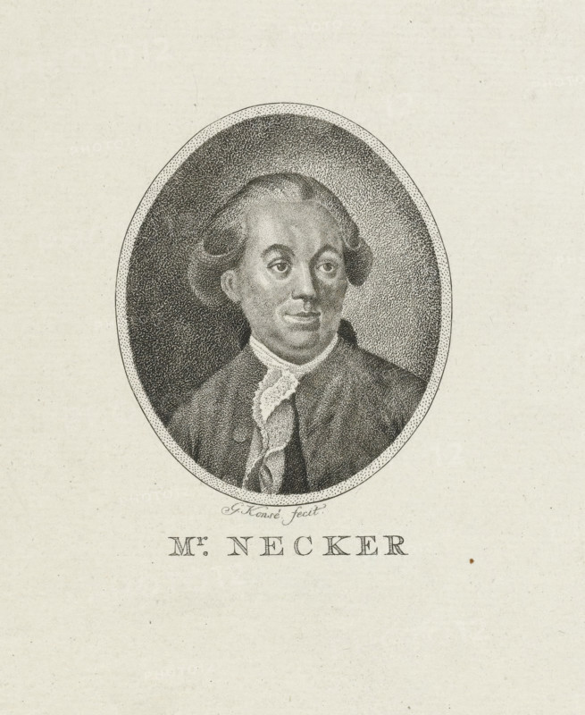 Portrait of Jacques Necker, print, Portrait bust of Jacques Necker, Minister of Finance in France. He is wearing a lace scarf., inscription: '58', printmaker: Gerrit Konsé, Amsterdam, after painting by Joseph Duplessis, 1761 - 1826, paper, stipple engraving, etching, stipple engraving and etching, proof print, height 237 mm x width 174 mm, Person, Jacques Necker, An oval engraving of a person shown from the chest up, with powdered hair styled away from the face and curled at the sides, wearing a dark coat and a light ruffled cravat, the face rendered with stippled shading and neutral expression, set against a textured dark background inside the oval and surrounded by a plain light paper field.