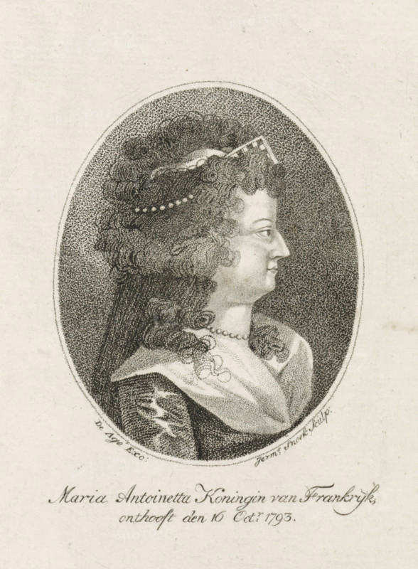 Portrait of Marie Antoinette (Queen of France), print, Portrait of Marie Antoinette (Queen of France). Below the portrait a reference to her beheading on October 16, 1793., printmaker: Jeremias Snoek, Rotterdam, publisher: Johannes François Jacobs d' Agé, The Hague, in or after 1793, Jeremias Snoek, Johannes François Jacobs d' Agé, paper, etching, stipple engraving, etching and stipple engraving, height 186 mm x width 111 mm, Person, Marie Antoinette, Execution of Marie Antoinette, Period, 1793-10-16, An oval portrait of a woman shown in profile facing right, rendered in fine dotted engraving, with tightly curled hair adorned with a strand of beads and a small decorative element at the top, a smooth forehead and arched eyebrow, a straight nose and closed mouth, a rounded chin and visible neck, a beaded necklace at the throat, a draped garment with a patterned bodice and a shawl-like cloth across the shoulder, the oval set against a textured dark background and surrounded by a narrow bo...
