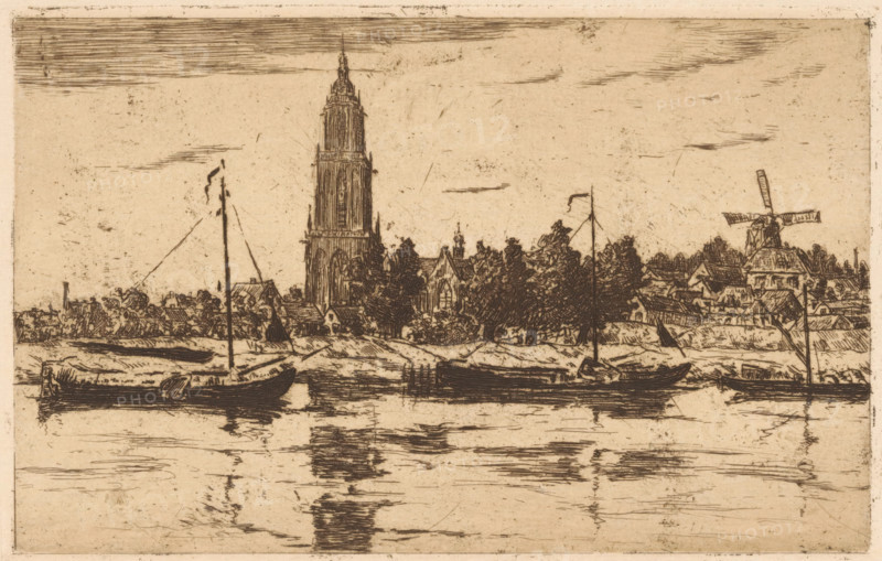 View of Rhenen, print, In the foreground the Lower Rhine. On the left the tower of the Cunerakerk, on the right a mill., printmaker: Jan Antonius van Schooten (signed by artist), Netherlands, 1880 - 1915, paper, etching, intaglio printmaking technique, height 121 mm x width 190 mm, city-view in general, 'veduta', river, parts of church exterior and annexes: tower, Rhenen, Rhine, Cunerakerk, Lower Rhine, A sepia-toned etching shows a riverside scene with a tall, narrow tower rising above clustered buildings and trees along the far bank. Several small boats with masts float on the water in the foreground, their dark hulls reflected in rippling lines on the river surface. To the right, a windmill with angled sails stands among low rooftops. The shoreline is edged with vegetation and low structures, and thin horizontal strokes indicate clouds across the sky. The image is rendered in fine, linear marks with varied shading.