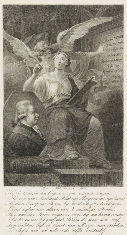 Portrait of William V, Prince of Orange-Nassau, print, Portrait of William V in an octagonal frame. Surrounding it are two allegorical figures and a number of objects. In the lower margin eight lines of Dutch text., printmaker, publisher, Amsterdam, Low Countries, paper, engraving, etching, height 232 mm x width 141 mm, The title mentioned here refers to the highest title obtained by the sitter, not necessarily to the title the sitter bears in this image., Person, William V (Prince of Orange-Nassau), A grayscale engraved scene showing a seated woman in classical drapery holding a book and looking upward, with an angel behind her whose wings spread wide and whose hands gesture toward the book and the woman's head; a male bust in profile rests on a pedestal near the woman's feet and a large book lies nearby; architectural elements and drapery form the background, and decorative script appears along the bottom edge.