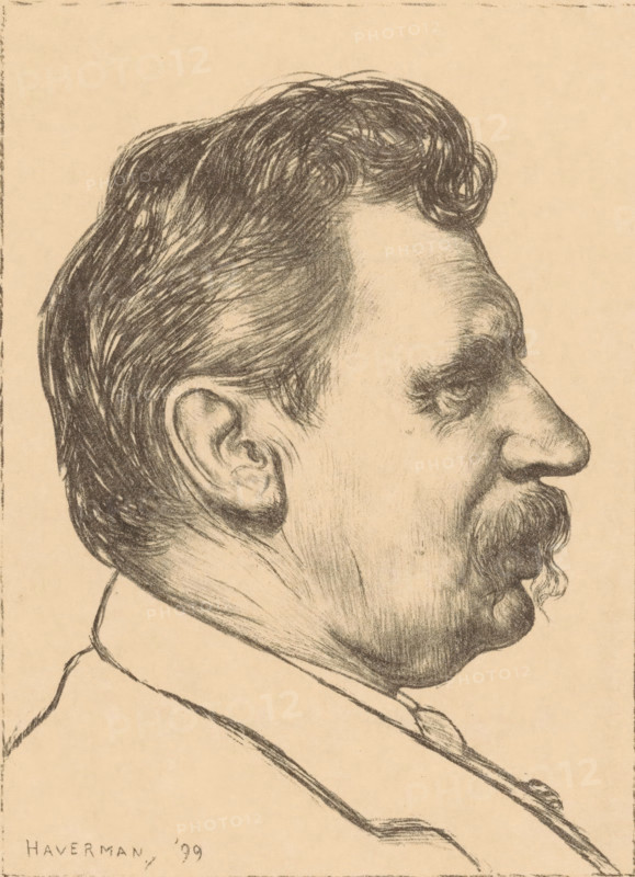 Portrait of Albert Neuhuys, print, A portrait of artist Albert Neuhuys with a moustache., printmaker: Hendrik Johannes Haverman, 1899, paper, lithography, height 202 mm x width 154 mm, Person, Albert Neuhuys (1844-1914), portrait, self-portrait of artist, moustache, A sepia-toned pencil drawing showing the right-side profile of a man from the shoulders up, with neatly combed dark hair, a prominent nose, a mustache and small goatee, a visible ear, and a high collar; shading and fine pencil strokes define facial contours, hair texture, and clothing folds against a plain background.