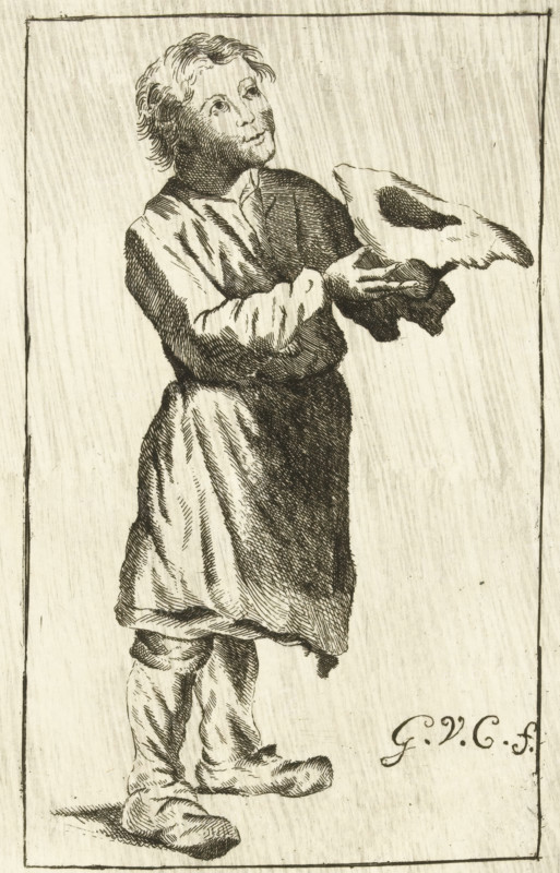 Beggar with an inverted hat, print, printmaker: G. van Citters, Netherlands, c. 1750 - c. 1800, paper, etching, intaglio printmaking technique, etching with plate tone, height 193 mm x width 130 mm, beggar, A standing figure drawn in a monochrome etching style, wearing a long loose garment over trousers and soft shoes, with hair of medium length and a contemplative upward gaze; the figure holds a cloth or flat object with both hands extended forward, and the image is bordered by a rectangular frame.