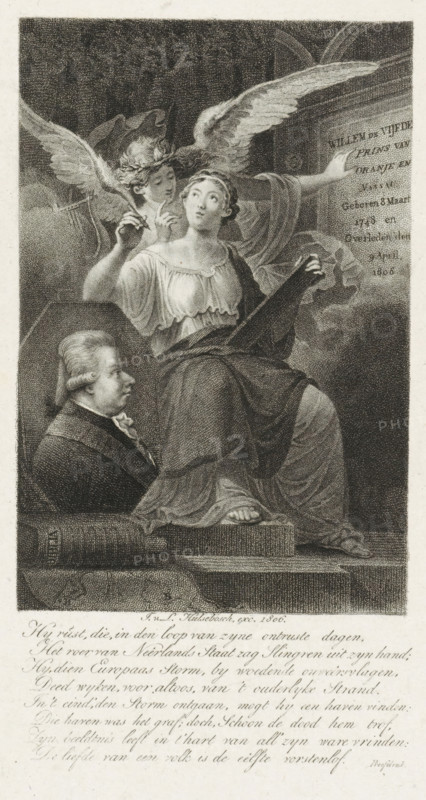 Portrait of William V, Prince of Orange-Nassau, print, Portrait of William V in an octagonal frame. Surrounding it are two allegorical figures and a number of objects. In the lower margin eight lines of Dutch text. Bottom right 'Proof print'., printmaker, publisher, Amsterdam, Low Countries, paper, engraving, etching, engraving and etching, proof print, height 232 mm x width 141 mm, The title mentioned here refers to the highest title obtained by the sitter, not necessarily to the title the sitter bears in this image., Person, William V (Prince of Orange-Nassau), A detailed monochrome engraving shows a seated female figure in flowing classical drapery holding a large open book and looking upward with a contemplative expression, a winged angelic figure leaning close behind her with one hand raised and large feathered wings arching above them. To the left foreground there is a sculpted bust of a man in formal attire set on a plinth, and a thick closed book lies horizontally near the base...