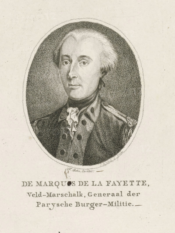 The Marquis de la Fayette, Field Marshal, General of the Parisian Civic Militia, Portrait of Gilbert du Motier, Marquis de la Fayette, print, Portrait bust in oval of Marie Joseph Paul Yves Roch Gilbert Motier, Marquis de La Fayette., printmaker: Jan Kobell (I), publisher: François Bohn, 1766 - 1833, paper, stipple engraving, etching, stipple engraving and etching, height 175 mm x width 148 mm, Person, Gilbert du Motier (Marquis de La Fayette), An oval portrait rendered in fine stippling shows a man with light-colored hair swept back from his forehead, a high forehead, and a composed facial expression, wearing a military-style coat with decorative shoulder epaulette and a cravat at the neck; the portrait is set against a textured dark background within the oval and surrounded by a plain, aged paper border.