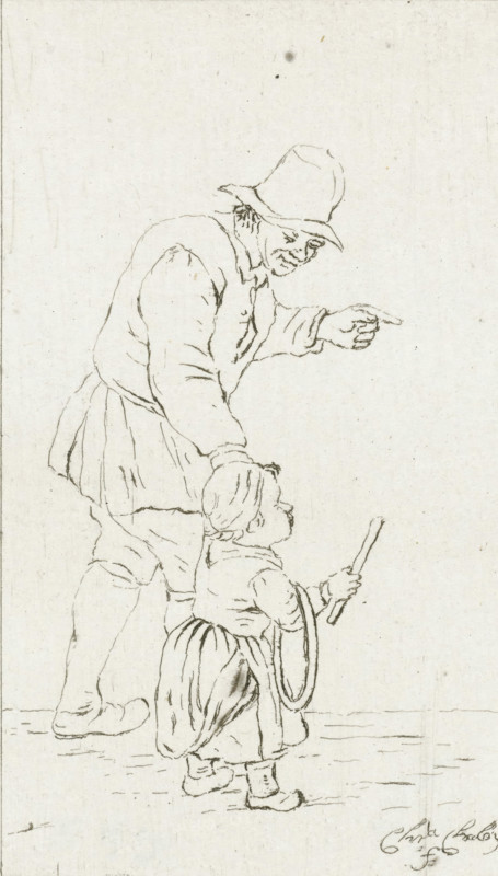Standing man with child with hoop, print, A father plays with his son. He has the child by the hand. The little boy is holding a hoop and a stick with which he can propel the hoop in front of him., printmaker: Pieter de Mare, Leiden, after drawing by Christina Chalon, 1779, paper, etching, proof print, height 126 mm x width 80 mm, A simple line drawing on a pale, textured background shows an adult figure bending forward while pointing outward, wearing a brimmed hat and loose clothing with visible folds; the adult's hand rests on the head of a smaller figure standing in front, who is shown from the back and side, wearing a knee-length dress or skirt, boots, and holding a thin stick and a circular hoop. The drawing is composed of fine, sketchy lines with areas of darker outline, and there is a small decorative signature-like mark near the lower edge.