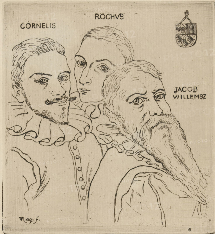 Portrait of Cornelis Rochus and Jacob Willemz, print, printmaker: Jonkheer Barthold Willem Floris van Riemsdijk, Netherlands, 1894, paper, etching, intaglio printmaking technique, etching with plate tone, height 137 mm x width 126 mm, adult man, Three male faces drawn in thin dark lines on a light beige background, arranged close together with two faces in front and one slightly behind; the leftmost face has a mustache and short wavy hair and wears a large ruffled collar, the central face has smoother features and short hair, and the rightmost face shows a long beard and flowing hair with a high forehead. Decorative ruffled collars and a buttoned garment are visible on the figures, and a small shield-like emblem hangs near the top right. The drawing consists of fine contour lines with minimal shading on a textured paper surface.