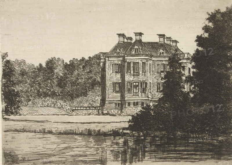 Middachten Castle, print, View from the water of the side of Middachten Castle., printmaker: Jonkheer Barthold Willem Floris van Riemsdijk, Netherlands, 1865 - 1918, paper, etching, drypoint, intaglio printmaking technique, etching and drypoint with plate tone, height 139 mm x width 187 mm, farm or solitary house in landscape, De Steeg, Huis te Middachten, A detailed ink drawing shows a large multi-story house with a steep tiled roof and small dormer windows, prominent chimneys, shuttered windows, and classical architectural details; the building sits behind dense foliage and trees that frame it on both sides, with heavy dark shading on the right and lighter, textured trees on the left; in the foreground a calm body of water reflects vertical lines and ripples, and a narrow strip of grassy bank separates the water from the trees and house.