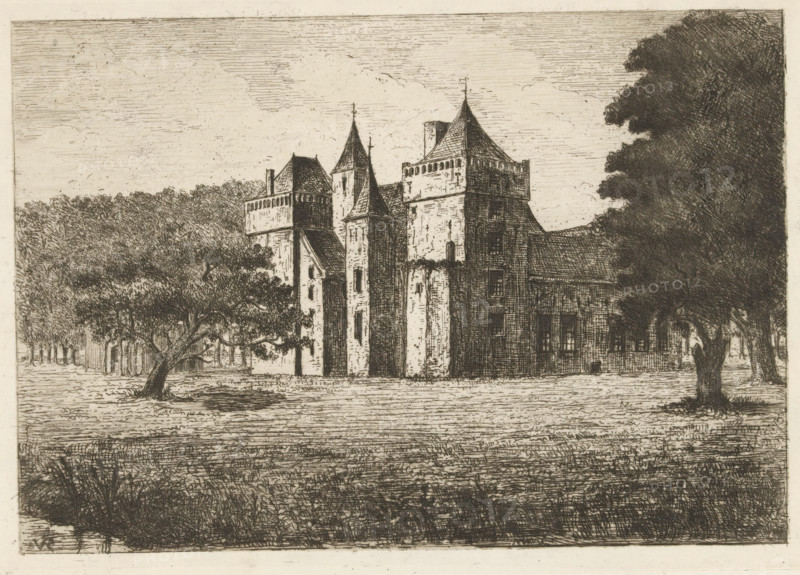Assumburg Castle, print, View of the side of Assumburg Castle in Heemskerk. The castle is named after the hamlet of Assum, between Heemskerk and Uitgeest., printmaker: Jonkheer Barthold Willem Floris van Riemsdijk, Netherlands, 1865 - 1918, paper, chine collé, etching, drypoint, intaglio printmaking technique, plate tone and drypoint on chine collé, height 140 mm x width 197 mm, Heemskerk, A detailed pen-and-ink rendering of a large stone building with multiple towers and steep pointed roofs set in a flat landscape, framed on either side by dense groups of trees; the central structure shows tall narrow facades, rectangular windows, and varied rooflines with spires, while the foreground features textured ground and clumps of grass, and the left side foreground has a prominent gnarled tree with spreading branches.