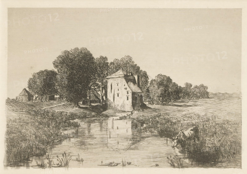 Nijenbeek Castle, print, View of Nijenbeek Castle, on the bank of the Voorsterbeek (an old bed of the IJssel). A cow is drinking from the stream. The castle is also known as the Hooge Huis., inscription: 'Nijenbeek RWF van Riemsdijk fe', printmaker: Jonkheer Barthold Willem Floris van Riemsdijk, Netherlands, 1893, paper, zincets, intaglio printmaking technique, drypoint, plate tone and drypoint, height 139 mm x width 199 mm, cow, castle, Voorst, Kasteel Nijenbeek, A monochrome etching shows a rural scene with a rectangular building by a calm body of water, the building reflected in the water below. Trees with dense, textured foliage surround the building and extend across the middle ground toward the horizon. Grassy banks and marshy vegetation border the water, with detailed reeds and plants at the water's edge. A cow stands on the near bank facing the water, partially turned. The sky above is empty and light, occupying a large area of the composition.