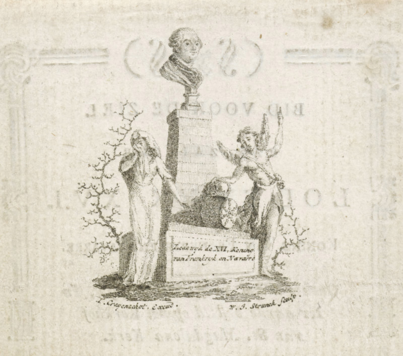 Memorial for King Louis XVI of France, Ludovicus XVI, Innocens Mortuus est, print, prayer card, Next to a memorial with the portrait bust of Louis XVI, King of France, stand a grieving woman and an angel pointing to the sky. On the verso, the call to pray for the soul of Louis XVI., printmaker: Jacob Willem Strunck, publisher: Theodorus Crayenschot, Netherlands, 1793 - 1813, paper, etching, letterpress printing, etching and text in letterpress on verso, height 113 mm x width 77 mm, Person, Louis XVI (King of France), grave, tomb and other grave-forms and grave-markers, A faint pencil or ink sketch on aged paper shows a sculpted bust atop a tall plinth, flanked by two draped figures; one figure stands with a covered head and a hand near the face, the other appears winged and gestures upward while holding a wreath near a reclining form at the base of the plinth. The scene includes sparse, leafless branches rising beside the figures and a rectangular tablet set into the plinth. The drawin...