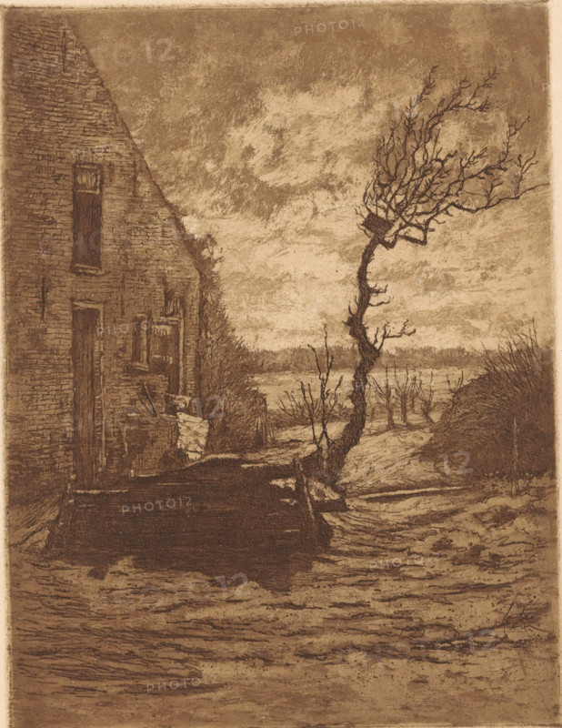 Farm in a landscape with a bare tree, Dune Landscape (former title), print, printmaker: Jan Willem Nortier (signed by artist), 1874 - 1919, paper, etching, intaglio printmaking technique, etching with plate tone in brown, height 190 mm x width 145 mm, farm or solitary house in landscape, trees (bare plant), A sepia-toned scene shows the side of a brick building with a tall, narrow window and a doorway, the brick texture rendered in fine lines; beside the building a narrow path or embankment leads toward a twisted, leafless tree with gnarled branches extending upward and outward, a small square structure nestled among its upper limbs; low shrubs and bare saplings populate the middle ground and a distant line of trees marks the horizon beneath a cloudy, textured sky.