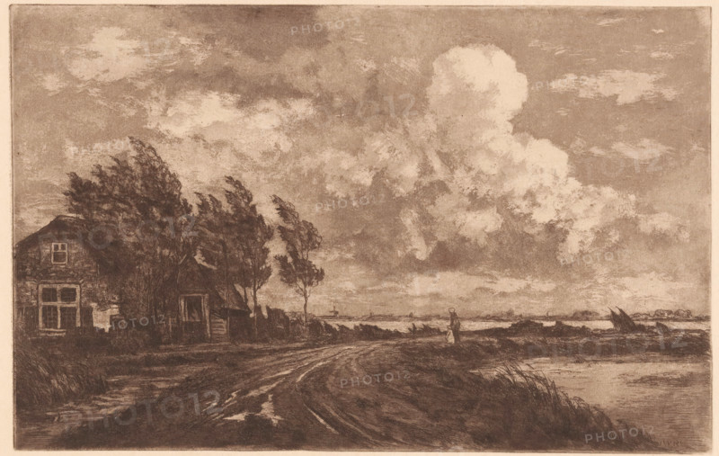 Farmhouse by the Reeuwijk Lakes, print, printmaker: Jan Willem Nortier (signed by artist), 1874 - 1919, paper, etching, intaglio printmaking technique, etching with plate tone in brown, height 165 mm x width 260 mm, lake, farm or solitary house in landscape, Reeuwijk Lakes, A wide landscape rendered in sepia tones shows a dirt road curving from the foreground toward the middle distance, bordered by grassy banks and a narrow water channel. On the left, a small house with visible windows sits partially obscured by a cluster of tall, windswept trees whose leaves and branches lean to the right. Near the center-right, a solitary figure stands on the road, facing the distant horizon. The right side of the scene opens to a flat expanse with low vegetation and a body of water, where a small sailboat is visible near the shore. Above, a vast sky filled with large, billowing clouds occupies much of the composition.