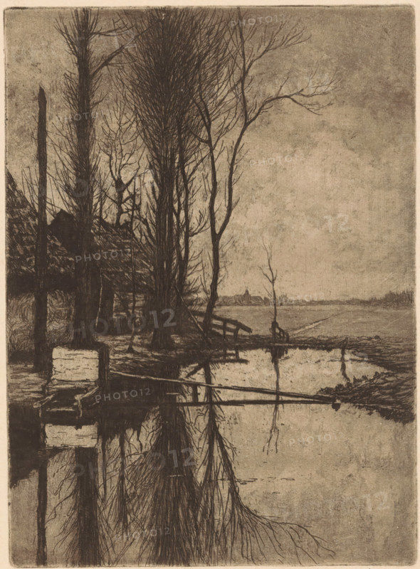 Ditch near Nootdorp, print, Trees on the left next to a farmhouse with a barn. Meadows in the background., printmaker: Jan Willem Nortier (signed by artist), 1874 - 1919, paper, etching, intaglio printmaking technique, height 193 mm x width 141 mm, small canal, ditch, Nootdorp, A monochrome landscape showing tall bare trees along a waterway with their thin, leafless branches reflected in the calm surface, a small wooden dock or bridge jutting into the water, a low structure or building partially visible among the trunks on the left, distant low buildings on the far shore beneath a wide, textured sky, and areas of muddy or marshy ground along the water’s edge.