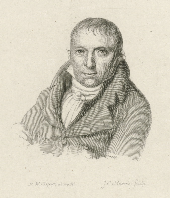 Portrait of Johannes Kinker, print, printmaker: Jacob Ernst Marcus, Amsterdam, after drawing by Hendrik Willem Caspari, 1825, paper, etching, stippelets, etching and stippelets, proof print, height 121 mm x width 101 mm, According to inscription on another copy, later state of the print also used in: Nederlandsche Muzen-Almanak. Seventh year. Rotterdam: J. Immerzeel, 1825., Person, Johannes Kinker, A monochrome engraved portrait of a man shown from the chest upward, featuring a high-collared coat with wide lapels and textured cross-hatched shading, a layered shirt and cravat at the neck, short hair with fine etched lines, a detailed face with expressive eyes, a straight nose, and closed lips, all rendered with fine stippling and line work on a lightly speckled paper background.
