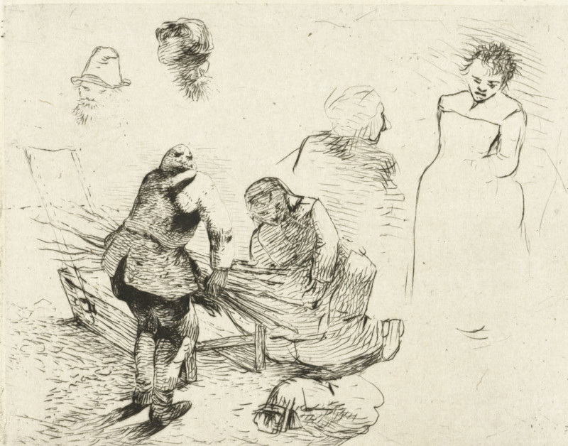 Study sheet with man with twig bush and kneeling woman by ice sled, print, printmaker: Albertus Brondgeest, Netherlands, 1796 - 1849, paper, chine collé, etching, etching on chine collé, height 97 mm x width 122 mm, woodgathering, woodgatherer, sleigh, sledge (non-sport), A sketch in pen and ink showing several figures rendered with fine crosshatching and contour lines, including two seated figures seen from behind wearing textured clothing and a standing person facing forward with a simple dress and downcast gaze, a head turned in profile with hair and a shawl, a small seated figure with bent posture near the bottom, and two isolated head studies near the top left, all drawn on a light, slightly textured background.