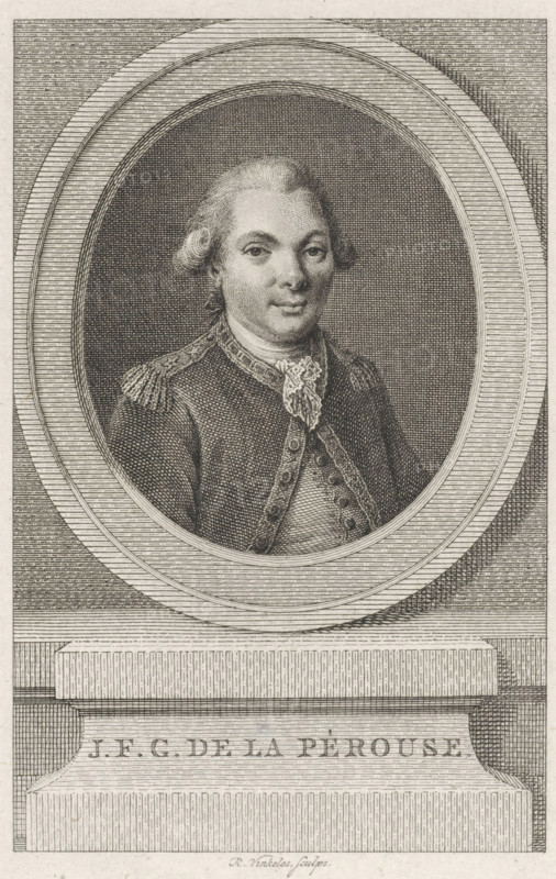 Portrait of Jean-François de La Pérouse, print, French naval officer and explorer., printmaker: Reinier Vinkeles (I), Amsterdam, 1785 - 1816, paper, etching, engraving, etching and engraving, height 167 mm x width 114 mm, Person, Jean-François de La Pérouse, An engraved portrait of a man shown from the chest upward within an oval frame, wearing a dark coat with decorative trim and epaulettes and a lace cravat at the neck, with neatly styled hair drawn back from the forehead and curled at the sides, rendered with fine crosshatching and surrounded by a textured background and an architectural plinth beneath the oval.
