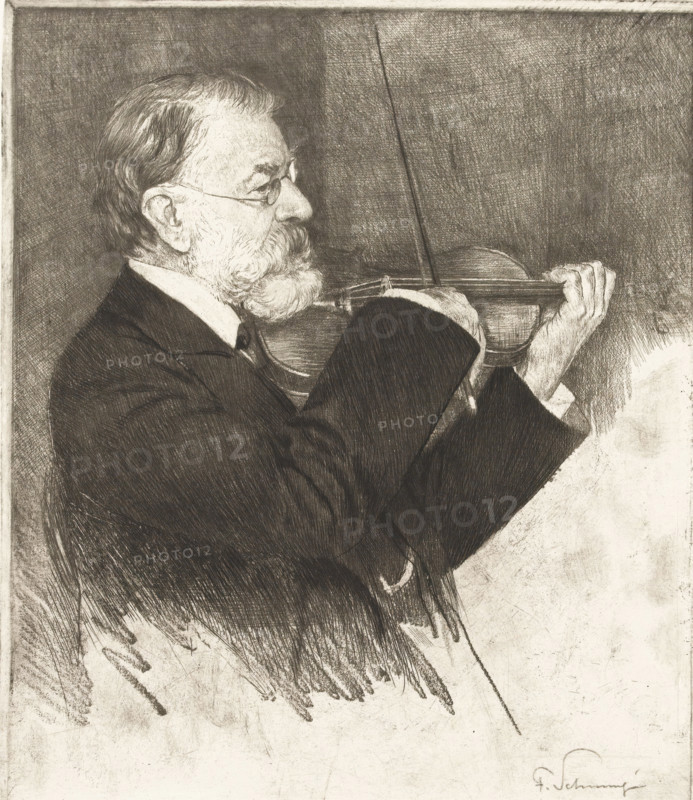 Portrait of Joseph Joachim, print, printmaker: Ferdinand Schmutzer (signed by artist), 1917, paper, etching, drypoint, soft-ground etching, intaglio printmaking technique, height 275 mm x width 234 mm, Person, Joseph Joachim, historical persons, violin, fiddle, portrait of a musician, A sepia-toned drawing shows an older man in profile holding a violin and bow to his shoulder, wearing a dark suit jacket and a light-colored shirt collar; he has a full beard and mustache, short hair, and wire-rimmed glasses, and his hands are shown grasping the violin and neck while the bow is angled upward.