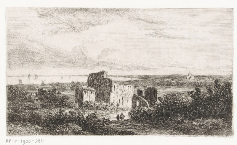 Coastal landscape with ruin, print, Series number, 14, A ruin lies in the dunes. A small church stands in the distance to the right. The sea with a few sailing ships is in the distance to the left. The number 14 is in the upper right., printmaker: Johannes Pieter van Wisselingh, Netherlands, 1830 - 1878, paper, etching, height 102 mm x width 180 mm, dune coast, sailing-ship, sailing-boat, ruin of a building, architecture, church (exterior) - QQ - small church, chapel, A black and white etched landscape showing a wide sky with horizontal and crosshatched cloud textures above a distant shoreline with small sailboats and a windmill, a middle ground of flat fields and low buildings, and a foreground dominated by the ruins of stone structures surrounded by dense trees and shrubbery with a narrow path leading toward two small human figures near the ruins.