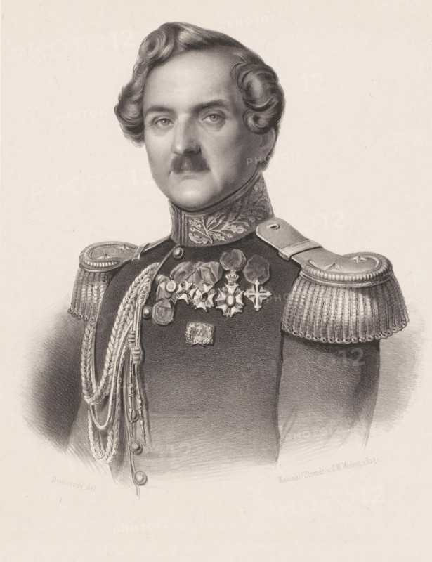 Portrait of François Vincent Henri Antoine de Stuers, print, printmaker: Augustin Luc Demoussy, Paris, printer (person): Royal Dutch Steendrukkerij van CW Mieling, The Hague, in or after 1847 - in or before 1861, Royal Dutch Lithography of CW Mieling, printer (person), paper, chine collé, lithography, height 545 mm x width 364 mm, Person, François Vincent Henri Antoine de Stuers, historical persons, A grayscale portrait of a person shown from the chest up wearing a decorated military uniform with ornate shoulder epaulettes and braided cords draped across the chest. The figure has styled hair with waves at the temples and a small mustache, and wears a high collar with embroidered leaf motifs. Several medals and insignia are pinned to the chest, including star-shaped and cross-shaped badges suspended from ribbons. The image has a plain, lightly textured background.