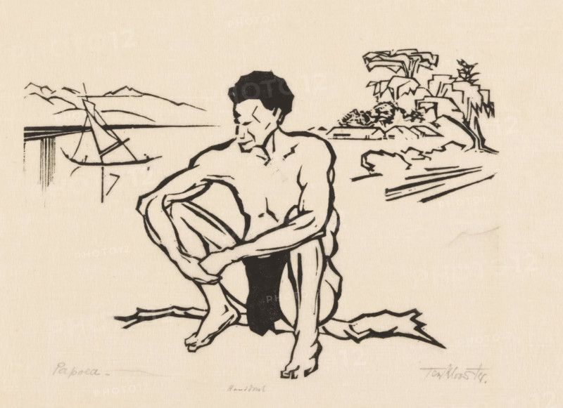 Papua (original title), print, A man sitting on a tree branch by the water. In the background mountains, a sailing ship and a settlement., printmaker: Johannes Frederik Engelbert ten Klooster (signed by artist), 1919, printer (person), paper, transparent paper, woodcut, height 227 mm x width 303 mm, sitting on an elevation, landscapes in tropical and sub-tropical regions, trees (branch, stick), A monochrome line drawing of a seated man with a muscular torso and short dark hair, shown in profile looking toward his left while one arm wraps around a bent knee; he wears a dark cloth around his waist and sits on a textured surface. In the background to the left, there is a simple shoreline with a small sailboat on the water and horizontal lines suggesting a distant horizon and distant hills. To the right in the background, there are stylized shapes suggesting rocky formations and a tree with broad, angular leaves. The composition is rendered with bold black lines on a light paper background...