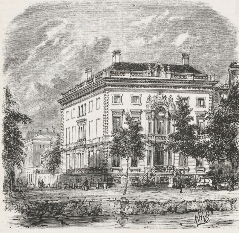 House of Mr. Fuld, House of banker Elias Fuld on the corner of the Keizersgracht and the Molenpad in Amsterdam, print, printmaker: Popko van Groningen, Netherlands, after design by Willem Hekking jr., 1859 - 1888, paper, wood engraving, letterpress printing, wood engraving and text in letterpress, height 142 mm x width 142 mm, Person, Elias Fuld, housing, Amsterdam, Keizersgracht, Molenpad, A detailed black and white engraving of a grand multi-story building with ornate architectural features including decorative cornices, a balustraded roofline, chimneys, and an elaborate arched entrance flanked by columns and sculptural ornamentation, trees partially obscuring the facade, a horse-drawn carriage on the street, a few pedestrians on the sidewalk, neighboring buildings visible in the background, and a reflective body of water in the foreground showing rippled reflections of the scene above.
