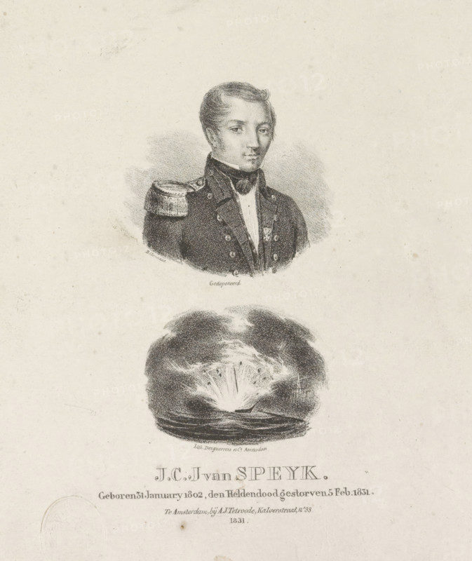 Portrait of Jan van Speyk and the explosion of his ship, print, The sitter wears a military uniform with an epaulet and two knightly orders on his chest. Below the portrait is his boat exploding in the port of Antwerp. Below that his name and date of birth and death., : 'Filed.', : 'Presented to the municipal administration of the city of Amsterdam by me, publisher: - in compliance with art. 6 of the, Law of January 25, 1817, Amst: Feb. 20. 1831, AJ van Tetroode', : 'Printed by us here, Amsterdam, February 20, 1831, Desuerrois et Co.', printmaker: JB Clermans, printer (person): Desguerrois & Co., publisher: Anthonius Johannes van Tetroode, printer (person), paper, lithography, height 212 mm x width 165 mm, Person, Jan van Speyk, historical persons ((full) bust portrait), projectiles, explosives, etc.: gunpowder (sailing-ships), Belgian Revolution, A monochrome lithographic image shows a bust portrait of a man in a dark military-style jacket with decorative buttons and an epaulette on o...