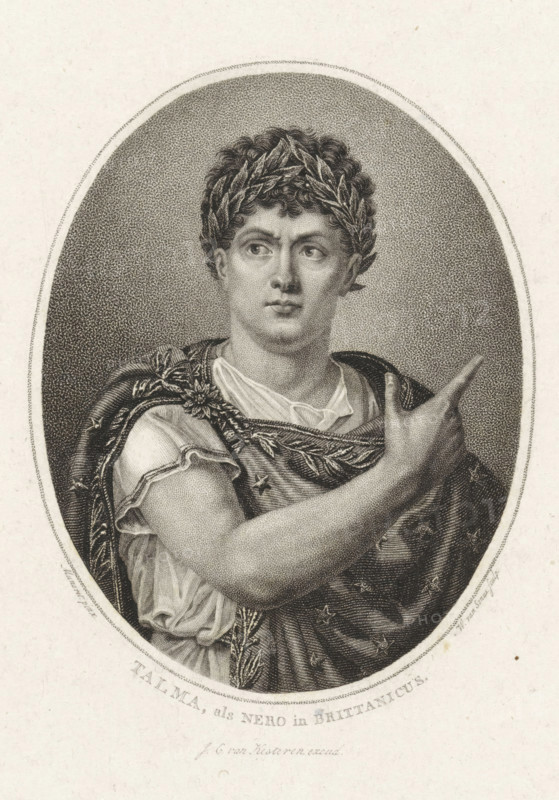 Talma, as Nero in Brittanicus, print, Portrait of the French actor François Joseph Talma, in the role of Nero in the play Britannicus by the French playwright Jean Racine., printmaker: Willem van Senus, Netherlands, after painting by G. Muneret, publisher: Johannes Christoffel van Kesteren, 1829 - 1851, Jean Désiré Muneret, paper, etching, stippelets, etching and stippelets, height 240 mm x width 149 mm, Person, François Joseph Talma, An engraved oval portrait of a person shown from the chest up wearing a laurel wreath on curly hair and a draped garment with decorative embroidery and a patterned cloak, the figure's face turned slightly to one side with a neutral expression and eyes looking outward, one arm raised with a hand pointing upward, the background inside the oval filled with fine stippling and the surrounding paper showing a textured, aged appearance.