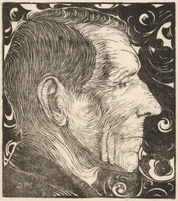 Portrait of Beint Mankes, print, Portrait of the artist's father., printmaker: Jan Mankes (signed by artist), 1914, Jan Mankes, printmaker, paper, Japanese paper (handmade paper), woodcut, height 215 mm x width 184 mm, Person, Beint Mankes (I), A close-up profile of a face rendered in a monochrome linear style showing a forehead, eyebrow, eye, nose, lips, chin, ear, and hair with detailed curved lines indicating texture and contours, set against a dark background filled with swirling ornamental shapes.