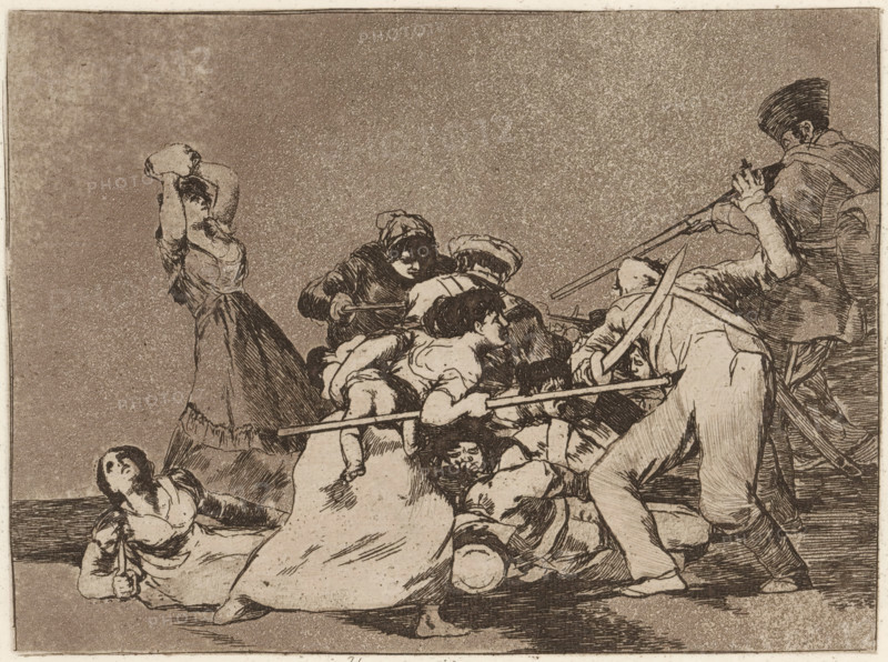Y son fieras, Woman with a baby under her arm stabs a soldier to death with a lance, Los desastres de la guerra, Horrors of war, print, album page, Series number, 5, 80, This print is part of an album., printmaker: Francisco de Goya, printer (person): Laurenciano Potenciano, publisher: Real Academia de Nobles Artes de San Fernando, Madrid, 1810 - 1820, 1863, printer (person), Comunidad de Madrid, paper, etching, aquatint, drypoint, burin, height 152 mm x width 207 mm, This is a posthumous print., mother and baby or young child, violent death by lance, spear, Spanish War of Independence, Spain, Period, 1808 - 1814, A monochrome etching shows a group of people in close physical struggle, with figures overlapping and leaning into one another. On the left a woman stands with her arms raised holding a wide object above her head, while another woman lies on the ground with her head tilted back. Several central figures are bent forward, some wearing head coverings and simple dresses, their li...