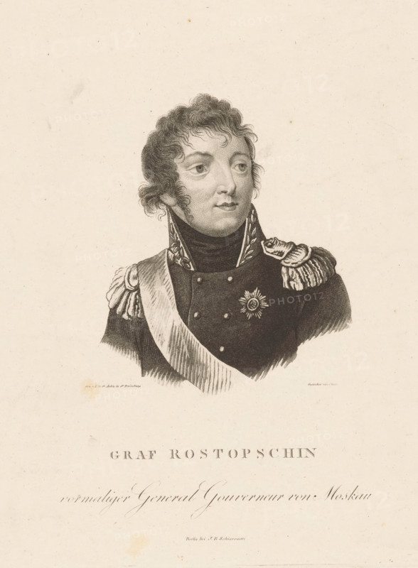 Portrait of Feodor Rostopchin, print, printmaker: Johann Friedrich August Clar, after painting by Louis de Saint-Aubin, Saint-Petersburg, publisher: JB Schiavonetti, Berlin, 1778 - 1844, Sint-Petersburg, Leningradskaya, paper, stippelwerk, height 268 mm x width 203 mm, Person, Feodor Rostopchin, historical persons, commander-in-chief, general, marshal, knighthood order, A monochrome engraved portrait shows a head-and-shoulders view of a man in a formal military uniform with curled hair and sideburns, looking slightly to his left. He wears a high-collared coat with decorative embroidery on the collar, epaulettes with tassels on the shoulders, a sash across his chest, and a star-shaped medal on the left side of his chest. The background is plain with a lightly textured paper appearance and faint speckles.